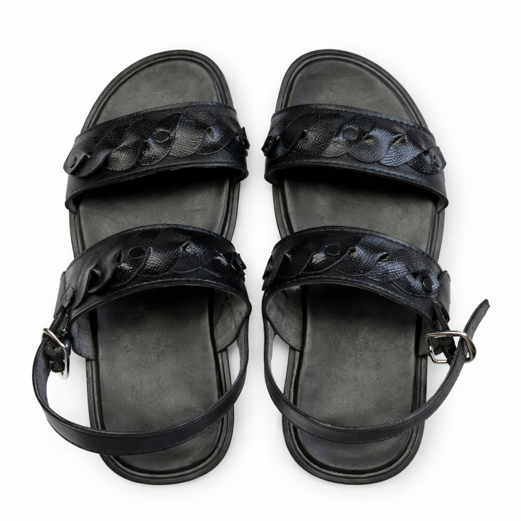 Mens Black Double Strap Leather Slide Sandals